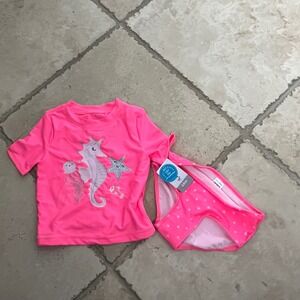 NWT Carters Toddler Girls Neon Pink Seahorse Rash Guard Swimsuit Set 24M UPF 50+